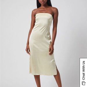 Strapless Satin Midi Dress in Pale Yellow